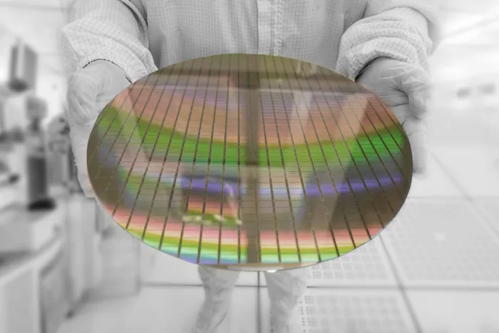 Silicon wafer held up for inspection in a semiconductor fab